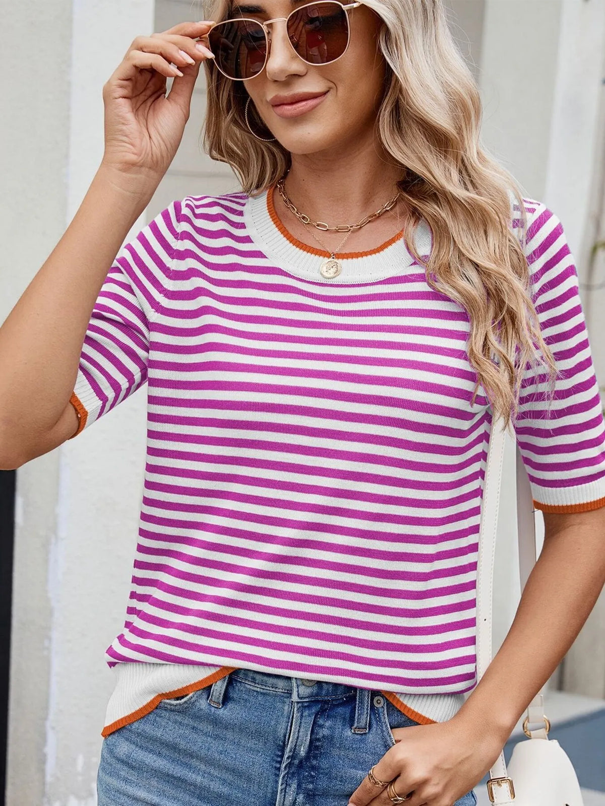 Striped casual T-shirt with contrast trim from Plush Fashion Hub, featuring short sleeves and a relaxed fit.