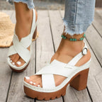 Open toe block heel sandals by Trendsi featuring stylish design and neutral color, perfect for summer outfits.