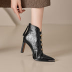 Women's satin pointed toe chunky heel short boots with ultra high heel, in glossy finish, from Plush Fashion Hub.