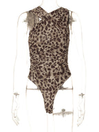 Leopard print asymmetrical ruched bodysuit from Trendsi, stylish animal print one-piece top with a fitted, trendy design.