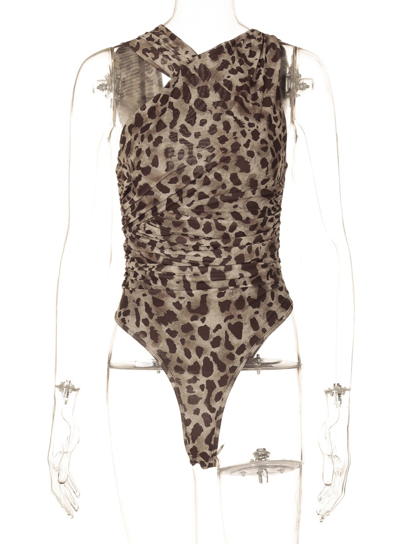 Leopard print asymmetrical ruched bodysuit from Trendsi, stylish animal print one-piece top with a fitted, trendy design.
