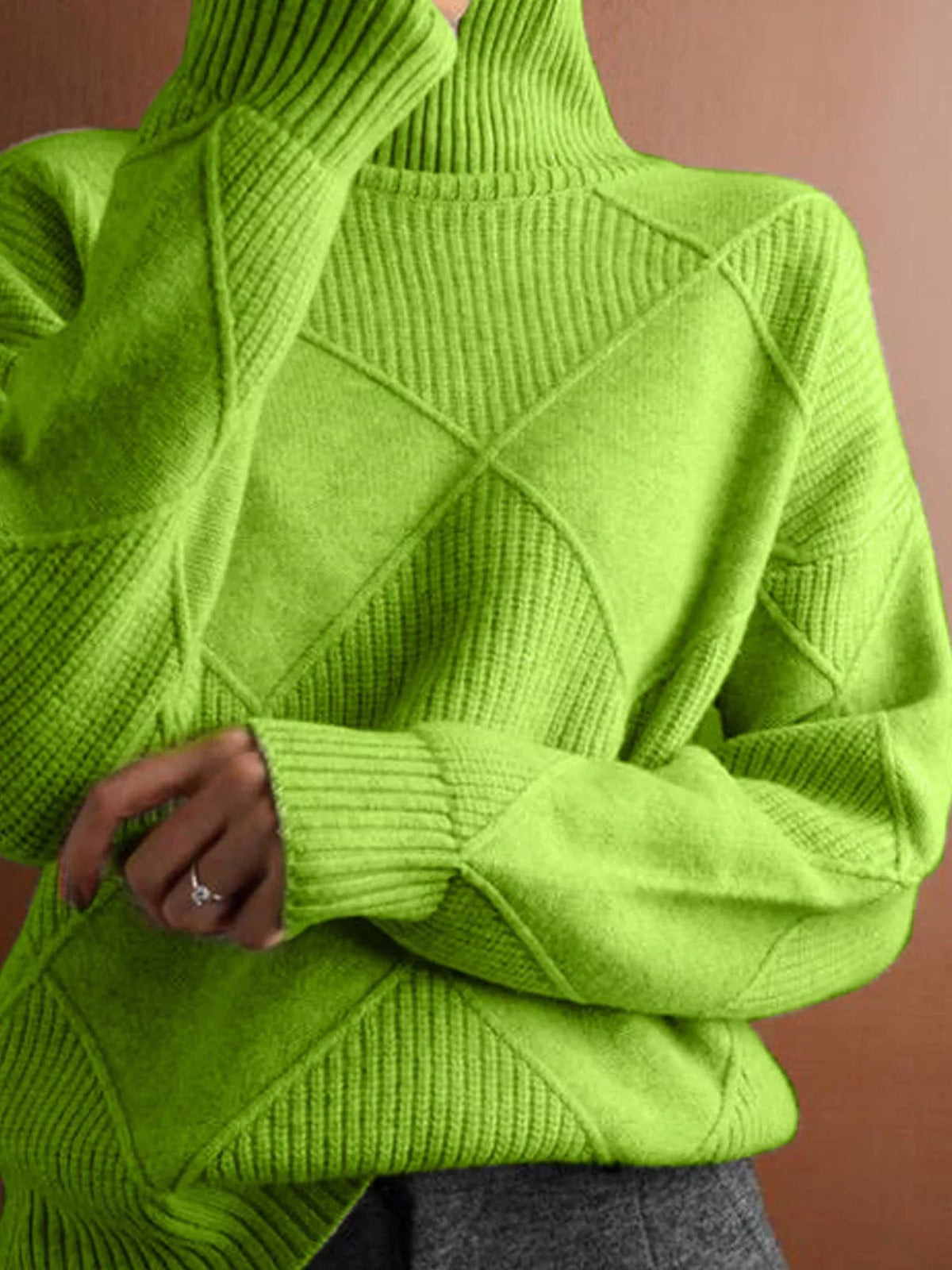 Trendsi argyle pattern turtleneck sweater in cozy knit fabric, featuring a classic multicolor diamond design and a high neckline.