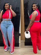 Zip front crop top and striped pants set by Shopimist, featuring a stylish crop top with a zipper and matching striped pants.