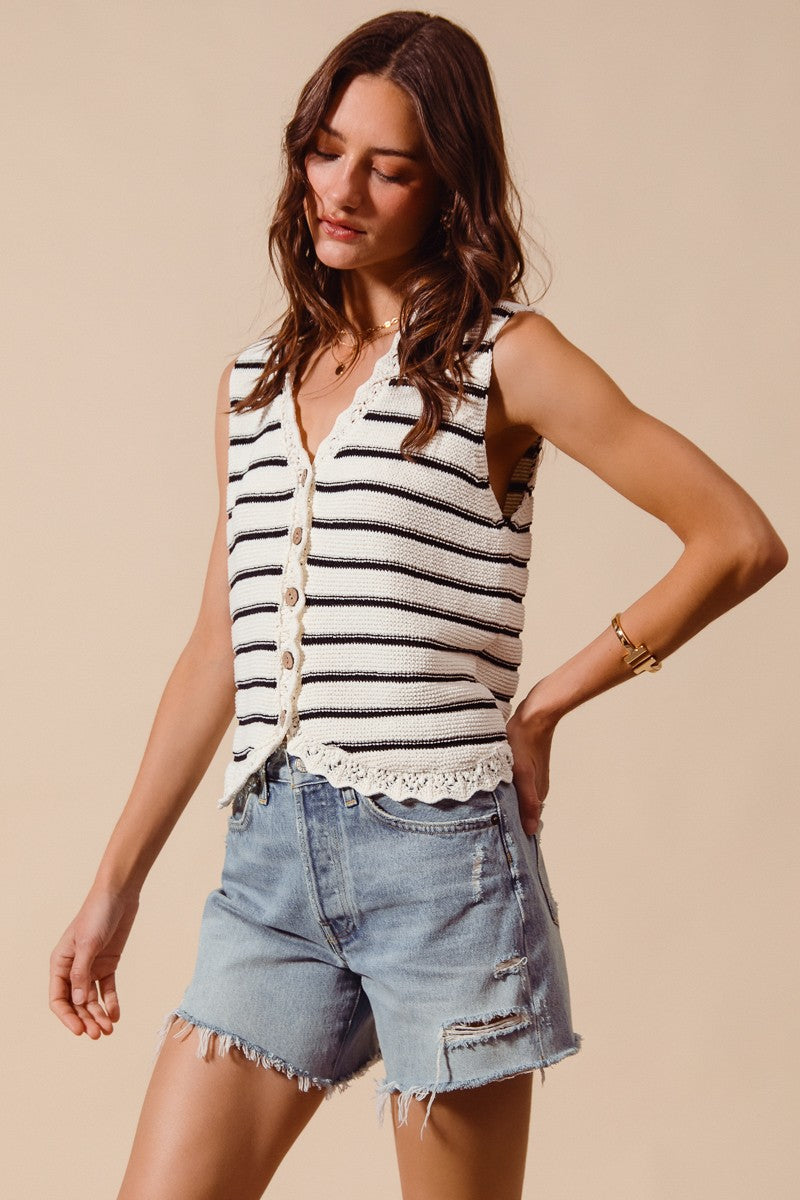Women's striped button-down knit sweater vest with crochet trim, featuring a stylish design by Plush Fashion Hub.