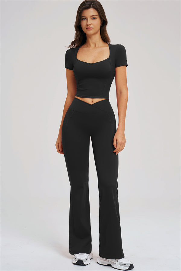 Fitglutes Activewear Sizzle T-shirt and flared leggings 2-piece gym set, featuring comfortable workout clothing and stylish athletic wear