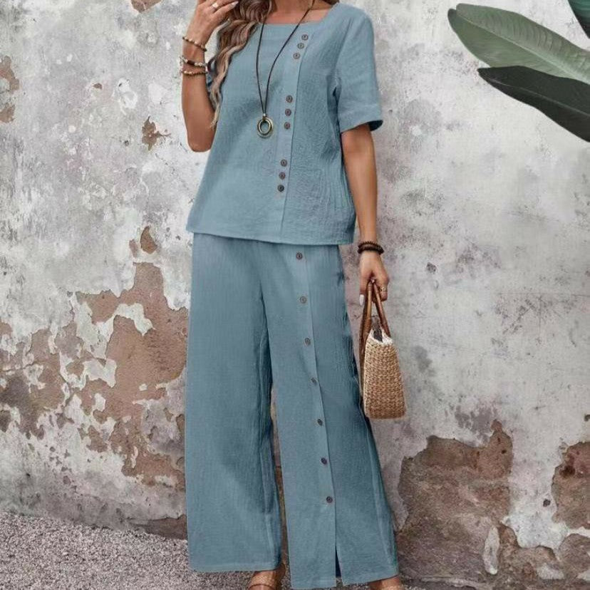 Women’s linen casualwear set by Plush Fashion Hub featuring a button-up top and loose-fit two-piece linen outfit.