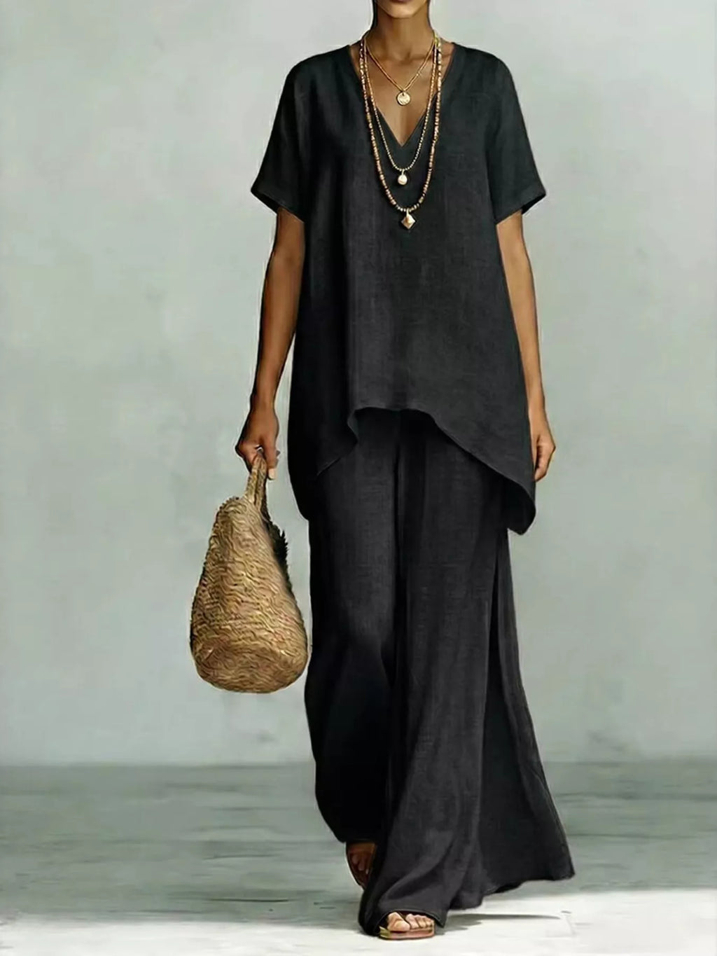 Plus size V-neck top and wide-leg pants set by Shopimist, stylish two-piece outfit in a full size for a comfortable, modern look.