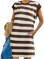 Plus size casual striped short sleeve mini dress by Trendsi, featuring a relaxed fit and stylish design.