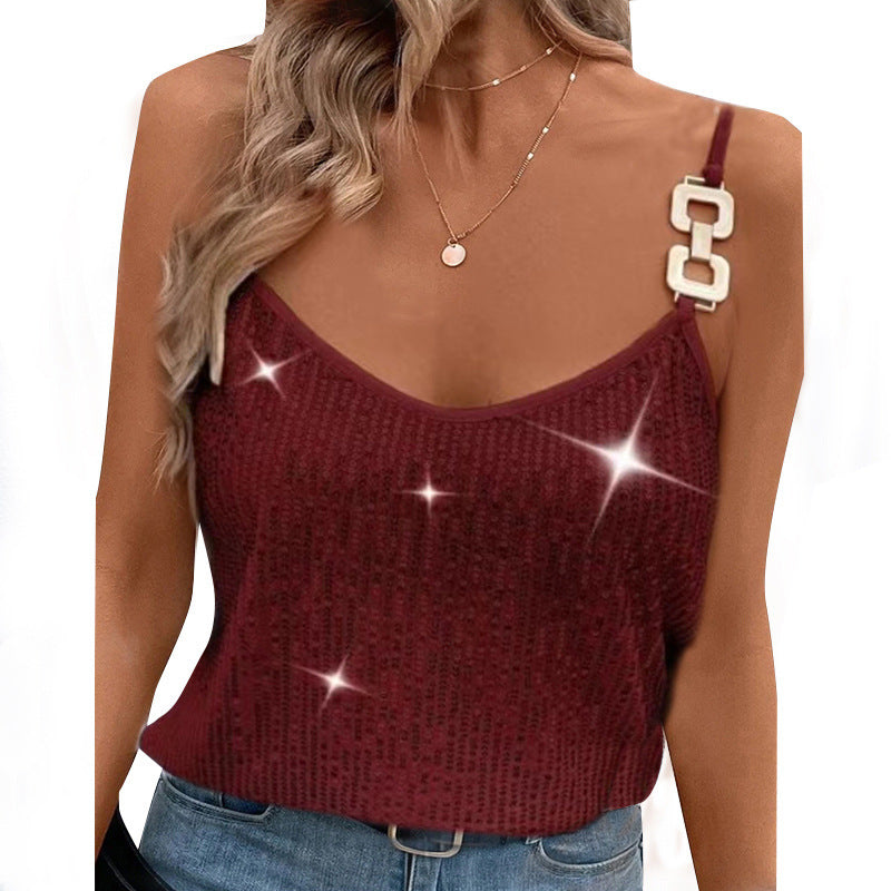 Sparkly sequin V-neck camisole with rhinestone straps, casualwear top by Plush Fashion Hub, showcasing its glittery, sleeveless design.