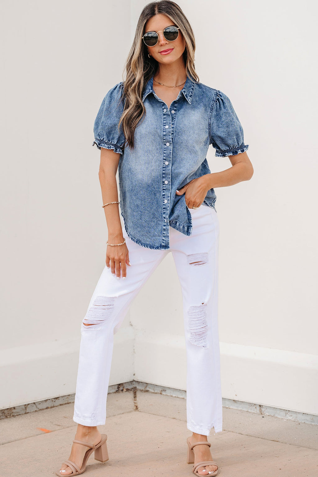 Ariana short sleeve snap shirt by Threaded Pear, featuring a stylish blouse with snap buttons and a tailored fit.