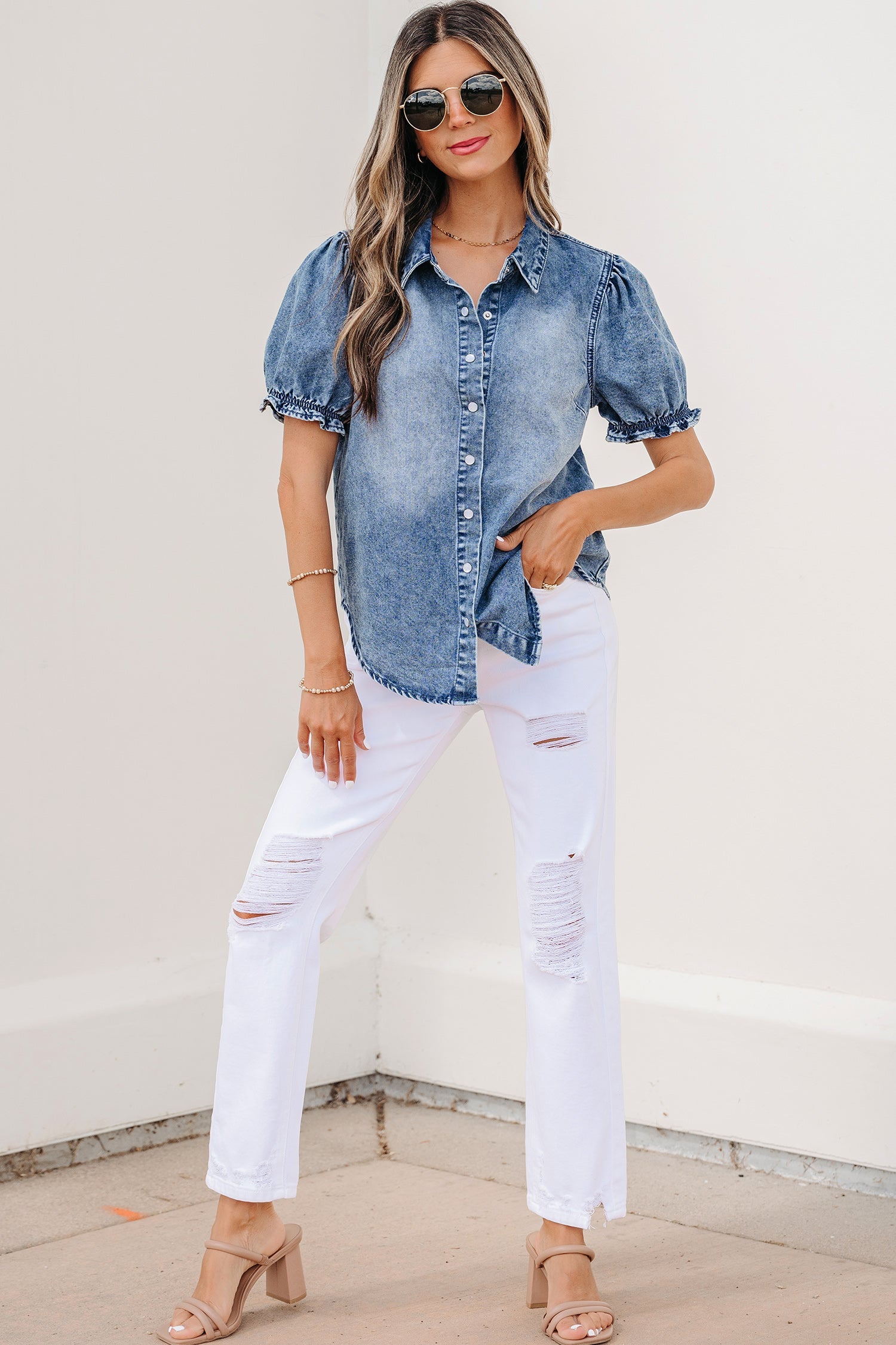 Ariana short sleeve snap shirt by Threaded Pear, featuring a stylish blouse with snap buttons and a tailored fit.