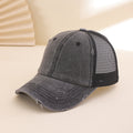 Distressed washed mesh baseball cap by FitiqueFit, frayed unisex hat for outdoor and daily wear, showing its casual, worn-in style.