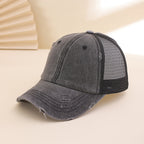 Distressed washed mesh baseball cap by FitiqueFit, frayed unisex hat for outdoor and daily wear, showing its casual, worn-in style.