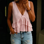 Solid color FitiqueFit V-neck sleeveless vest top with ruffled accents, designed for women, sleeveless tank style.