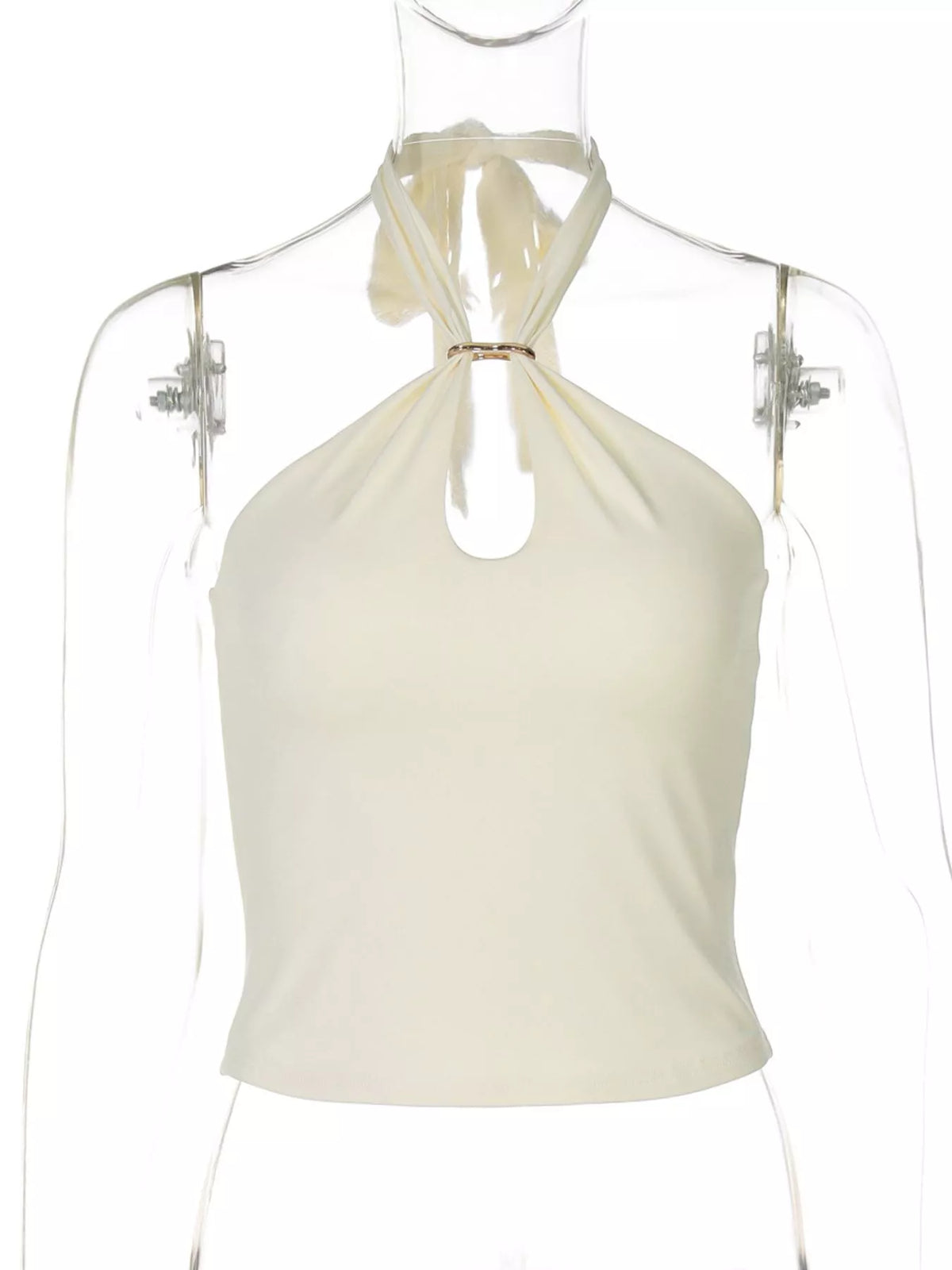 Plush Fashion Hub halter neck cami top with keyhole detail, featuring a stylish and fitted design for casual or dressy wear.