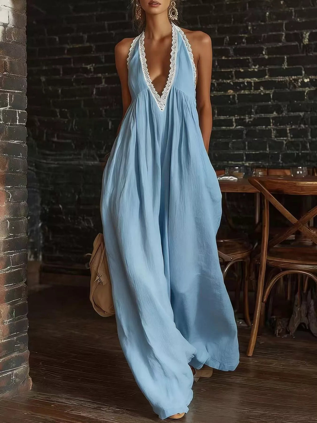 Plus size Shopimist halter neck lace trim wide-leg jumpsuit with full-length design, stylish and comfortable for casual wear.
