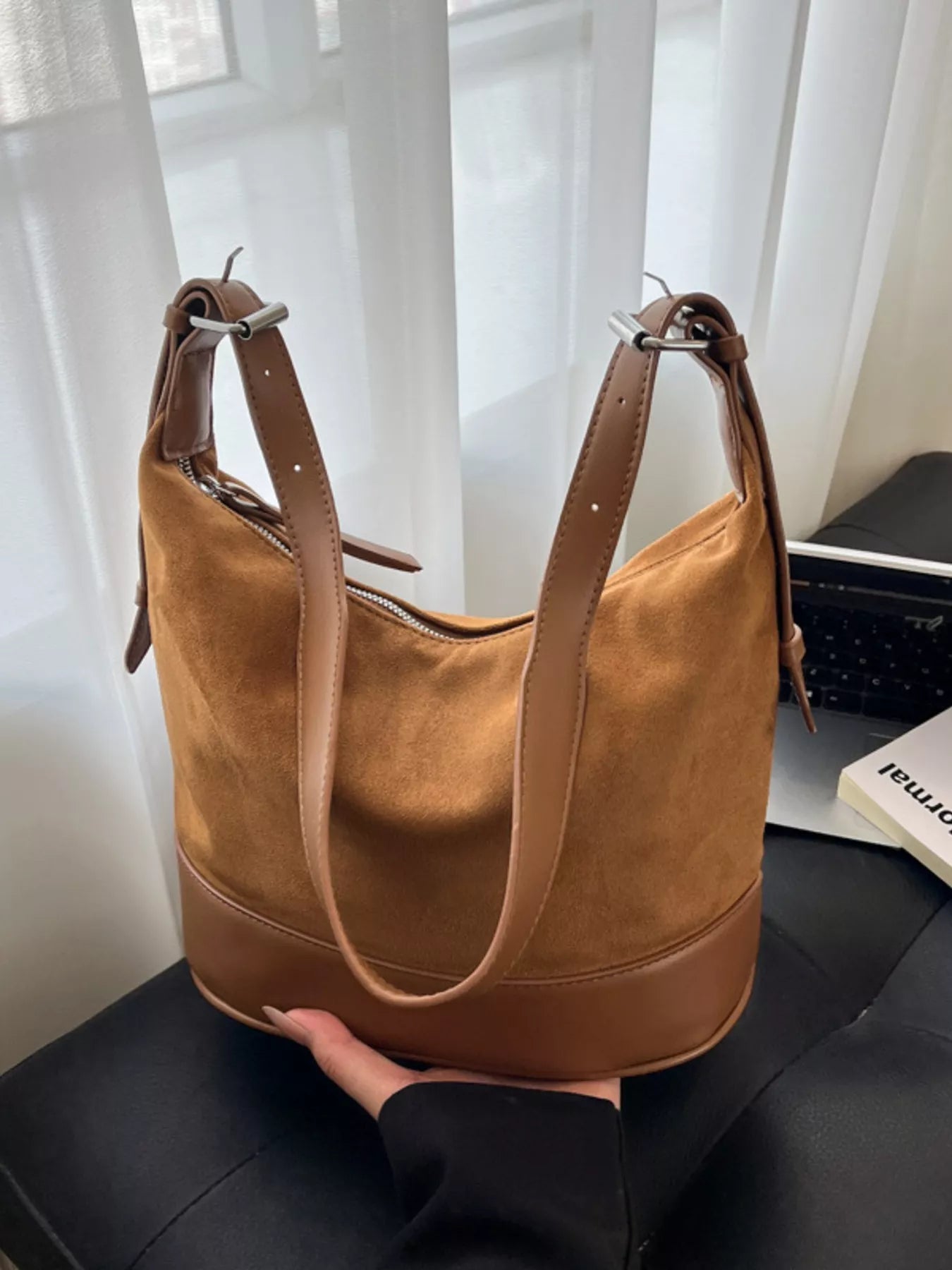 Adjustable strap tote bag by Shopimist with spacious interior and stylish design, featuring sturdy handles and versatile use.