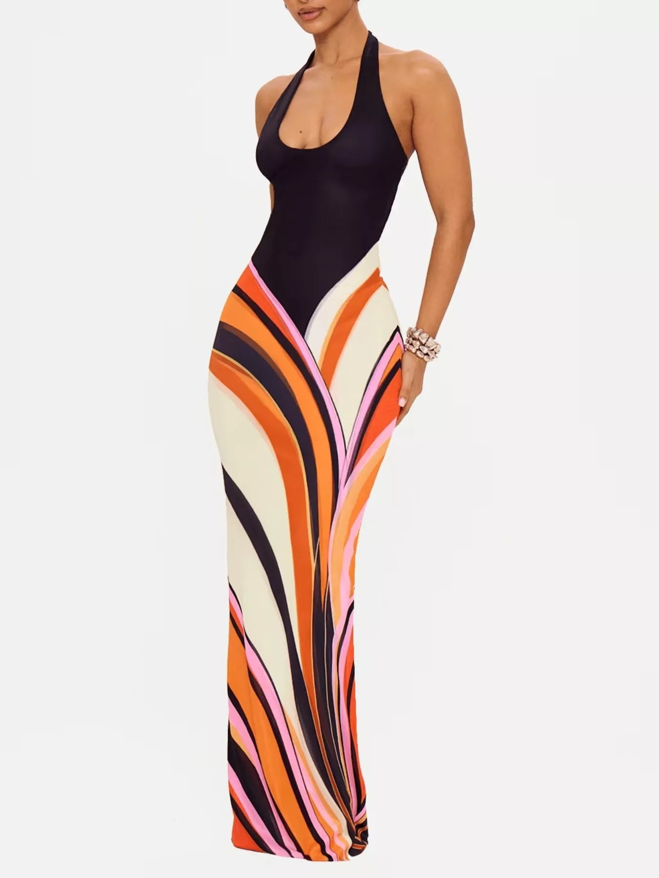 Abstract print halter neck maxi dress from Plush Fashion Hub, flowing fabric with vibrant geometric design and sleeveless style.