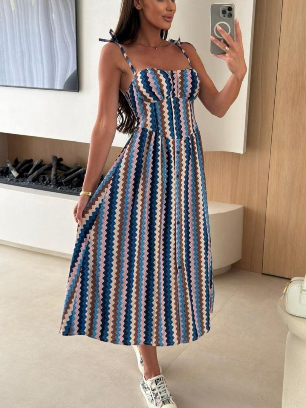 Women's striped tie-shoulder midi dress by Trendsi, casual summer brunch dress with a relaxed fit and stylish striped pattern.
