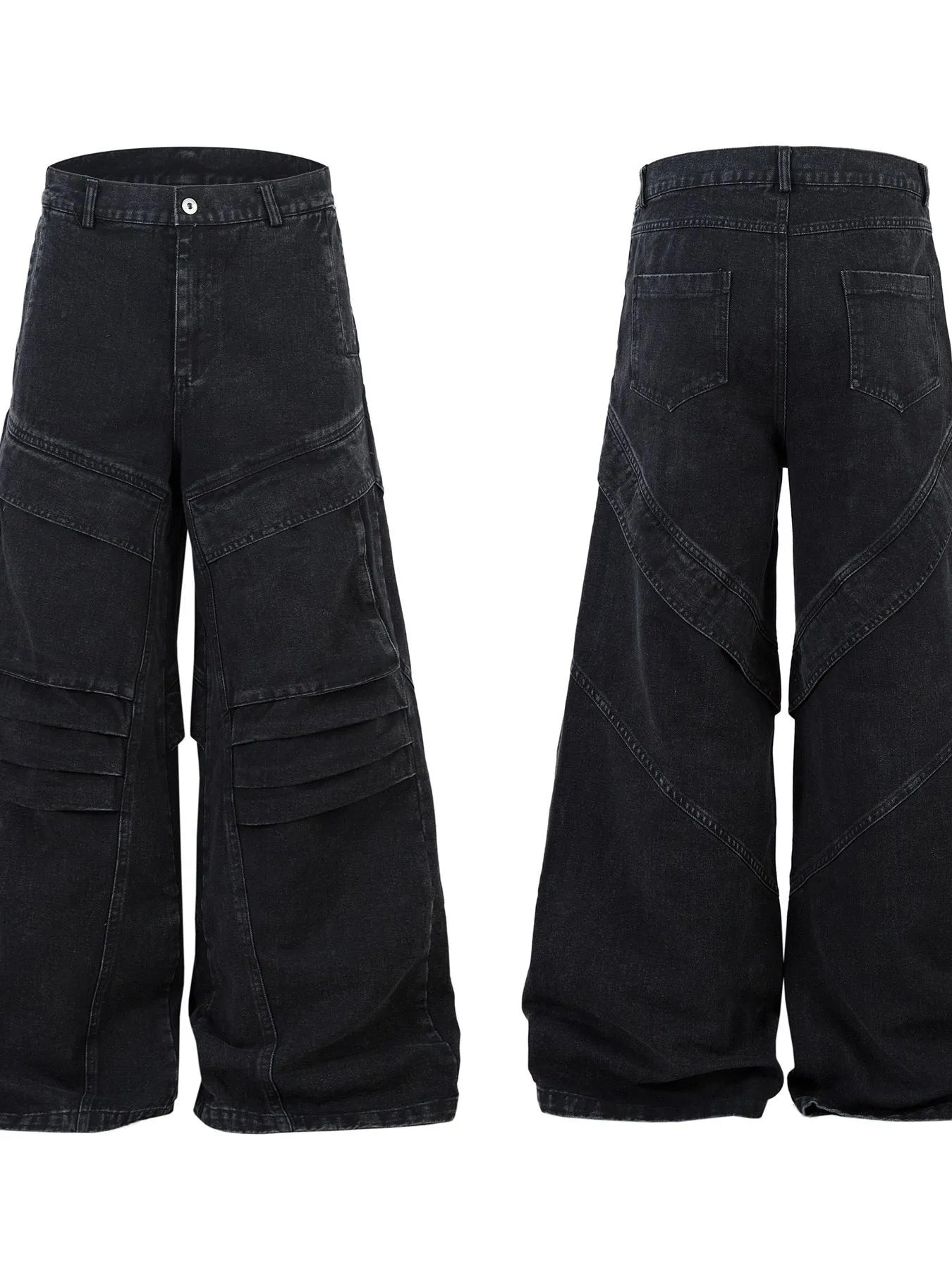 Men's wide leg denim jeans by Plush Fashion Shop, displayed hanging with focus on relaxed fit and classic blue denim fabric.