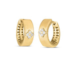 14k yellow gold trilogy diamond clover earrings featuring three sparkling diamond-studded clovers on gold hoops.