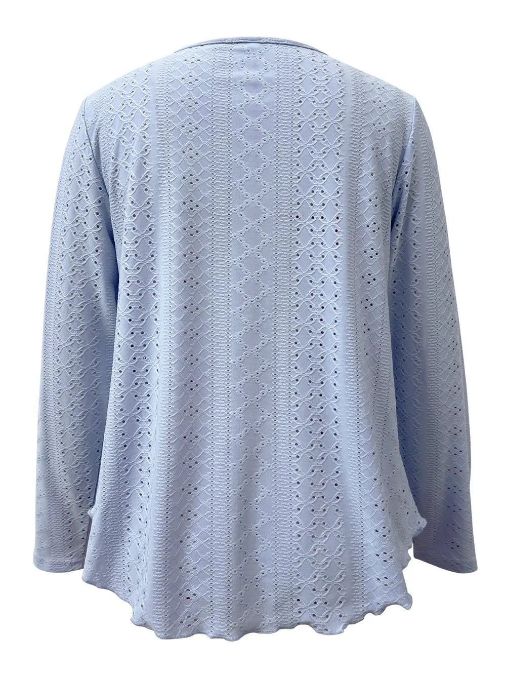 Elegant women's eyelet long sleeve blouse by Plush Fashion Hub featuring stretchy fabric and versatile office-ready style.