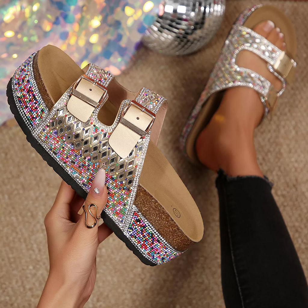 Shopimist rhinestone double buckle sandals with stylish straps and sparkling rhinestone accents, perfect for summer footwear.