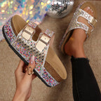 Shopimist rhinestone double buckle sandals with stylish straps and sparkling rhinestone accents, perfect for summer footwear.