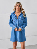 VYSN pocketed dropped shoulder mini denim dress displayed on a hanger, showcasing its casual style and relaxed fit.
