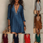 V-neck short-sleeve pleated solid-color maxi dress by FitiqueFit, available in seven colors, shown in a flowing fabric and relaxed fit.