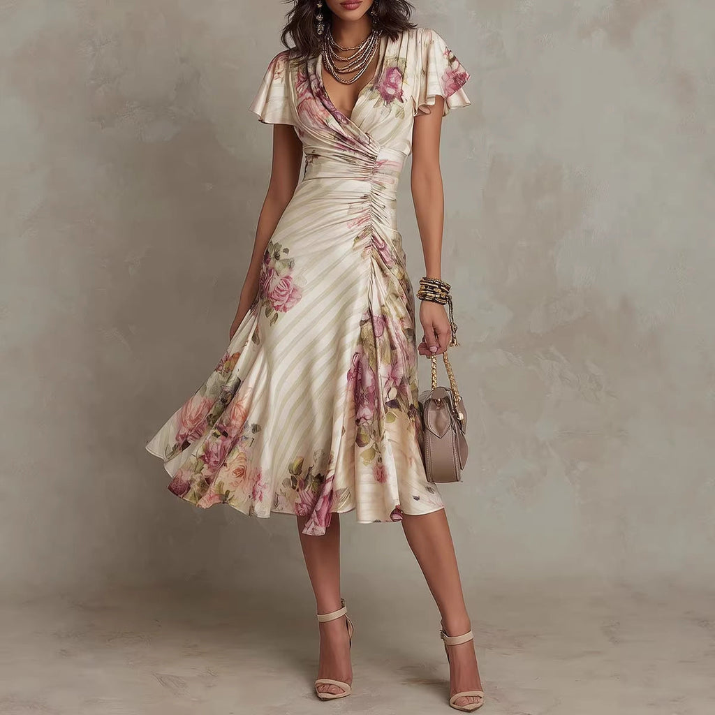 Plush Fashion Hub ruffled hem maxi dress with v-neck satin fabric and color block design, featuring an A-line silhouette.