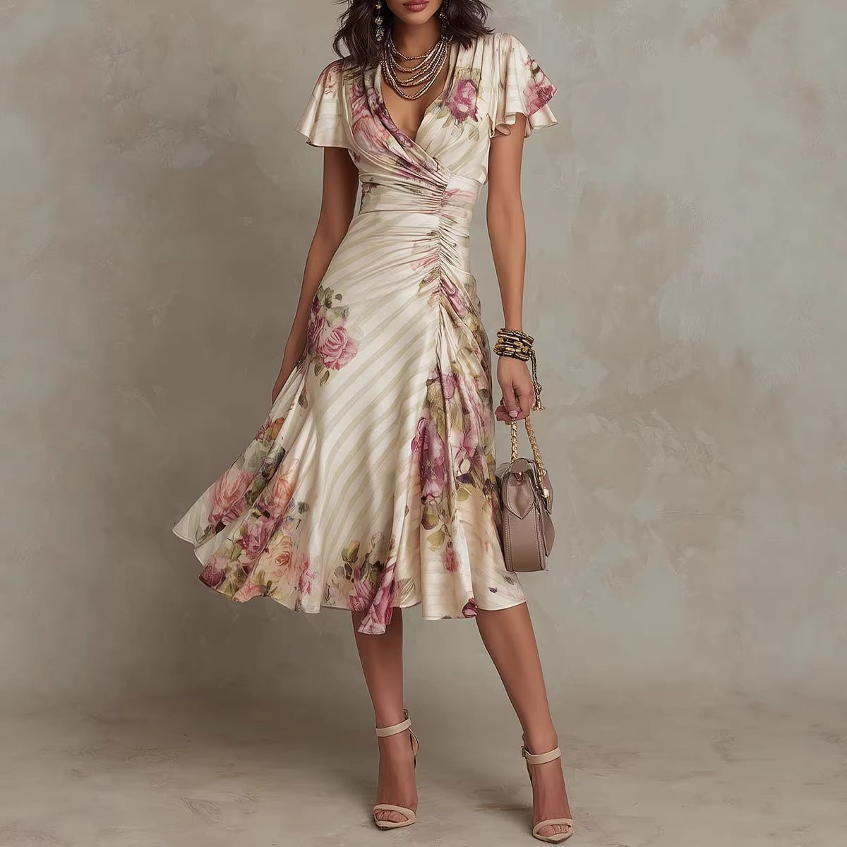Plush Fashion Hub ruffled hem maxi dress with v-neck satin fabric and color block design, featuring an A-line silhouette.