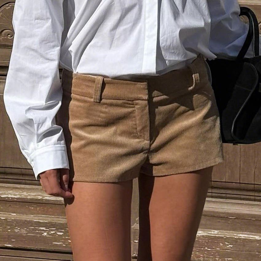 Women's low-rise straight-leg corduroy shorts by FitiqueFit, showcasing a casualwear style with a relaxed fit and textured fabric.