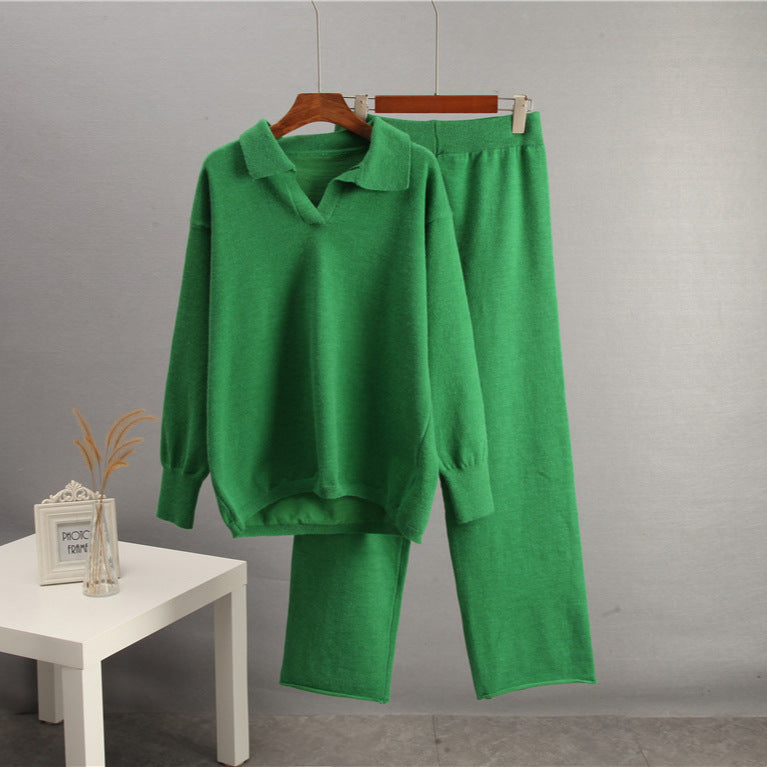 FitiqueFit solid color lapel sweater set for women, casualwear ensemble featuring a stylish sweater and matching pants.