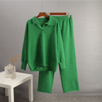 FitiqueFit solid color lapel sweater set for women, casualwear ensemble featuring a stylish sweater and matching pants.