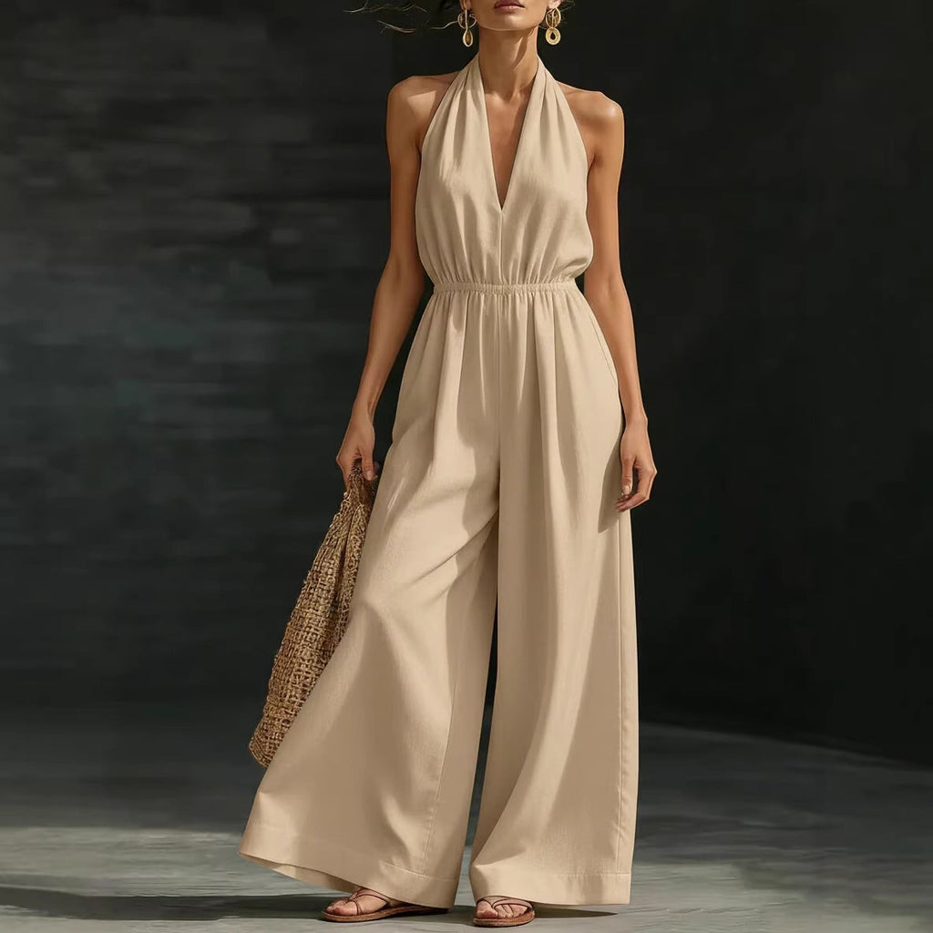 Women’s V-neck halter neck wide-leg jumpsuit by FitiqueFit, casualwear with a flattering V-neck and flowing wide-leg design.