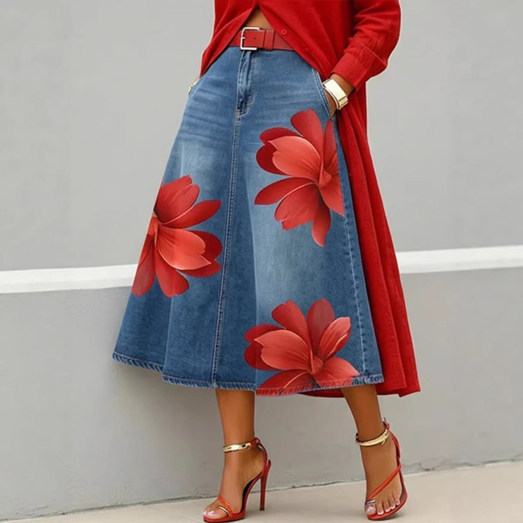 Women's floral print A-line midi skirt by FitiqueFit featuring a denim-style boho design with colorful floral patterns.