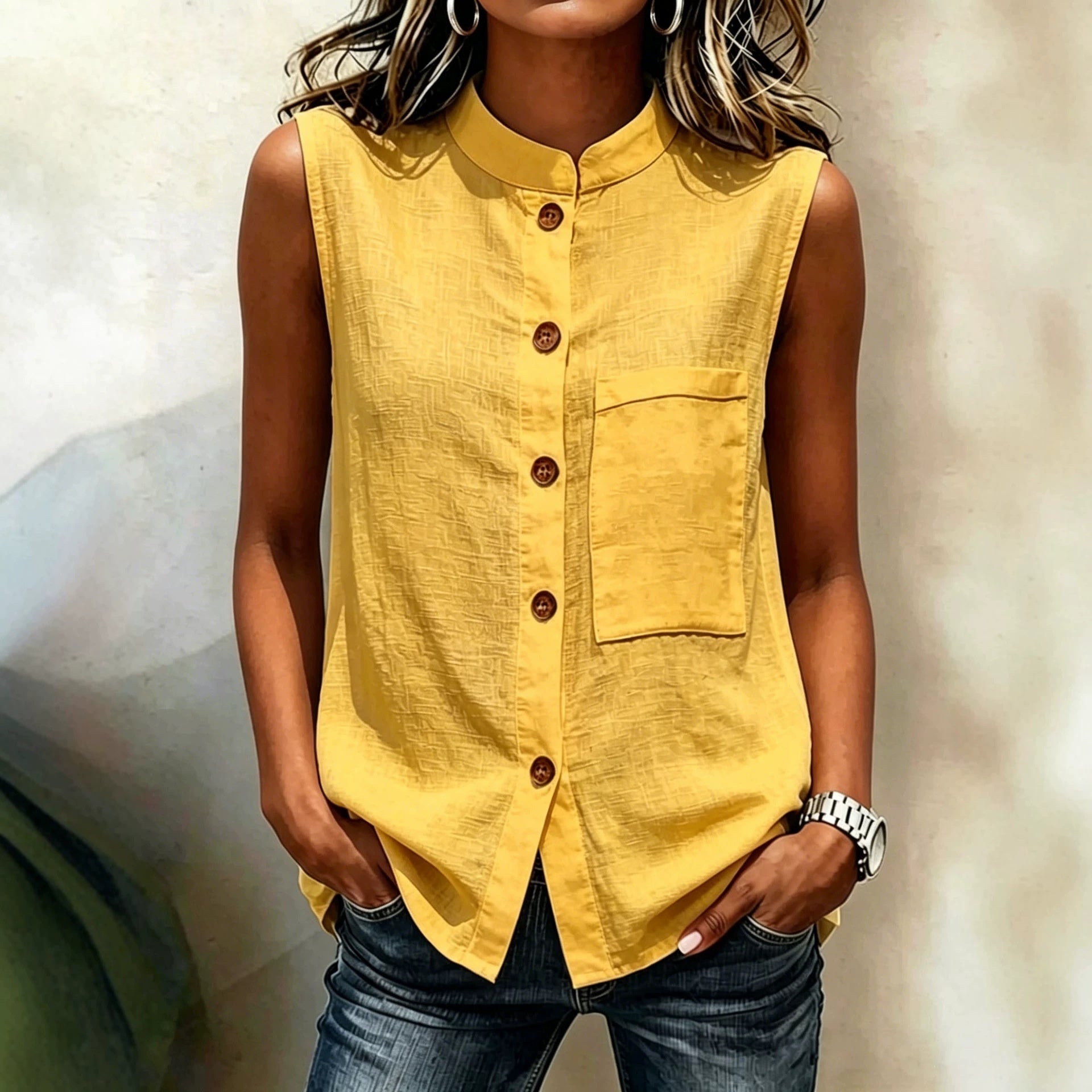 Women's sleeveless crop top by FitiqueFit with buttoned pockets in a solid color, casualwear style, shown in water-themed background.