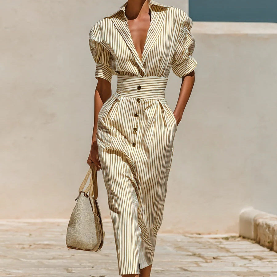 Women's striped lace-up shirt dress by FitiqueFit, high waist, slim fit midi dress with casual style and button-up front details.