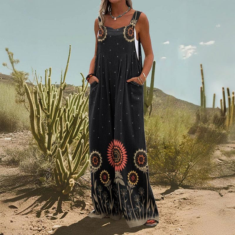 Women’s square-neck floral sleeveless jumpsuit from Plush Fashion Hub, casualwear with a stylish fit and vibrant floral pattern.