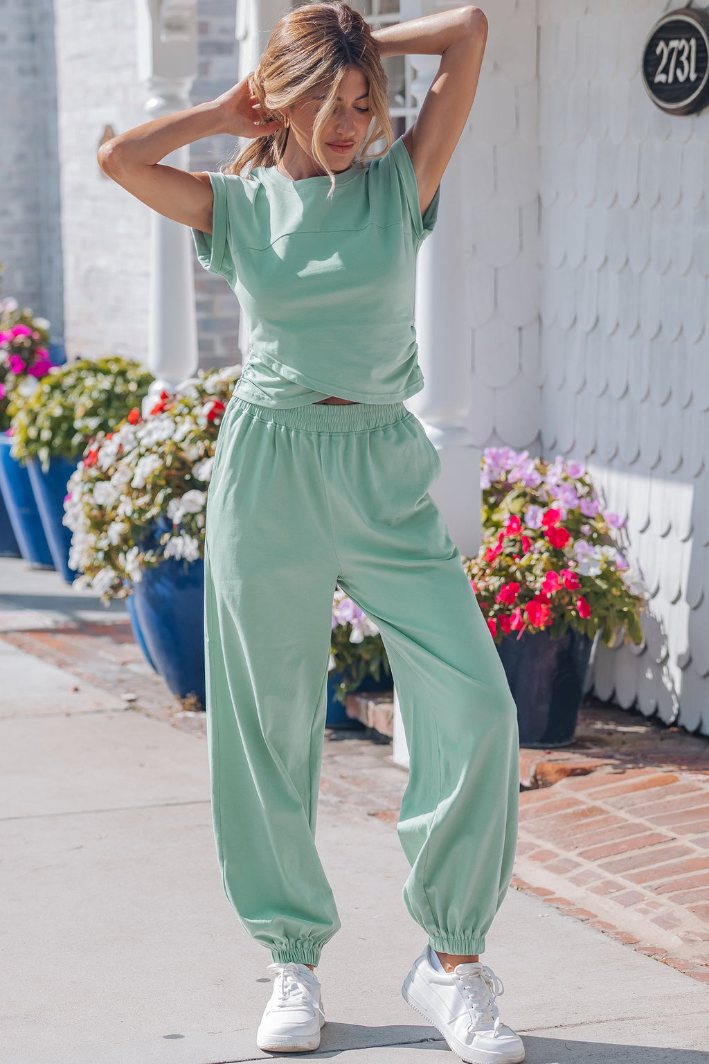 Threaded Pear Rosalie color cropped lounge set with matching pant set, in soft fabric, perfect for casual and comfortable wear.
