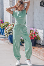 Threaded Pear Rosalie color cropped lounge set with matching pant set, in soft fabric, perfect for casual and comfortable wear.