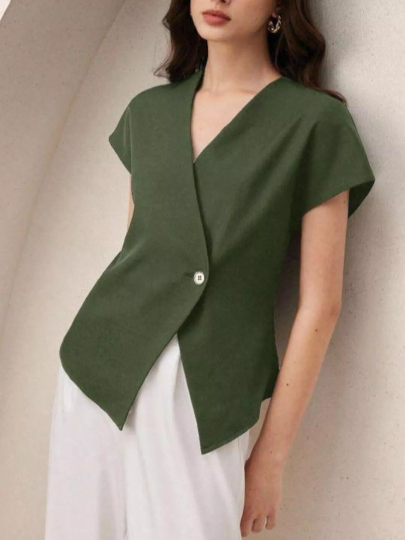Wrap-front one-button shirt from Trendsi, casual tops with long sleeves and a stylish front wrap design.