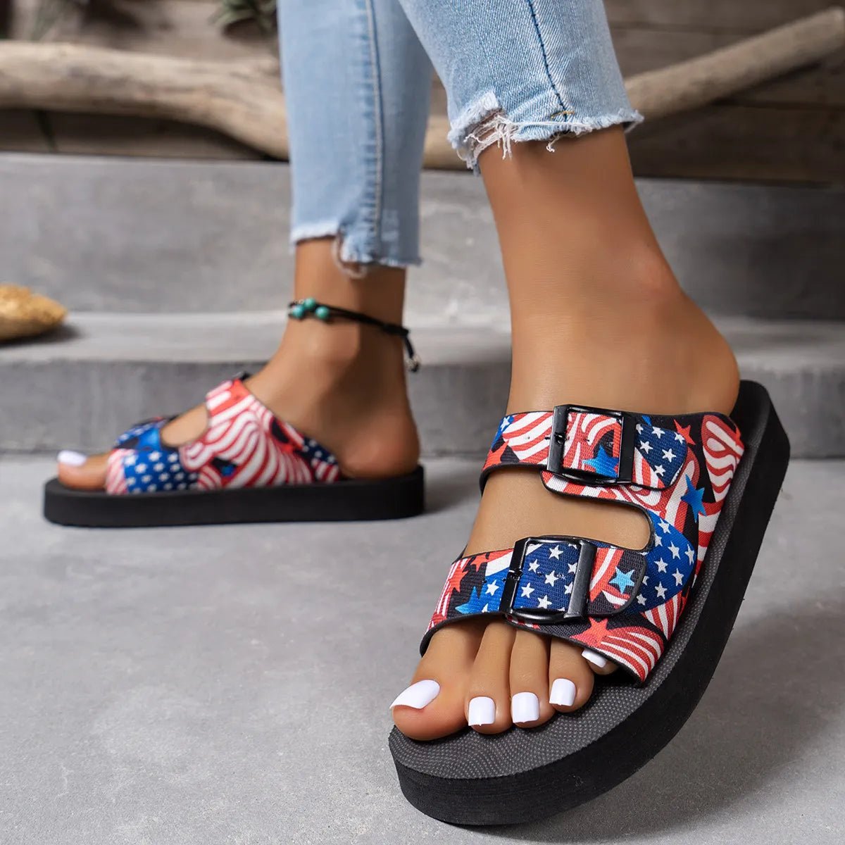 American flag patriotic double-strap comfort flat sandals for women by Trendsi, featuring flag design and casual slip-on style.