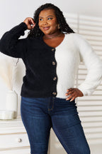 Women’s contrast button-front V-neck knit cardigan with angel wing woven design, stylish layering piece from Trendsi.