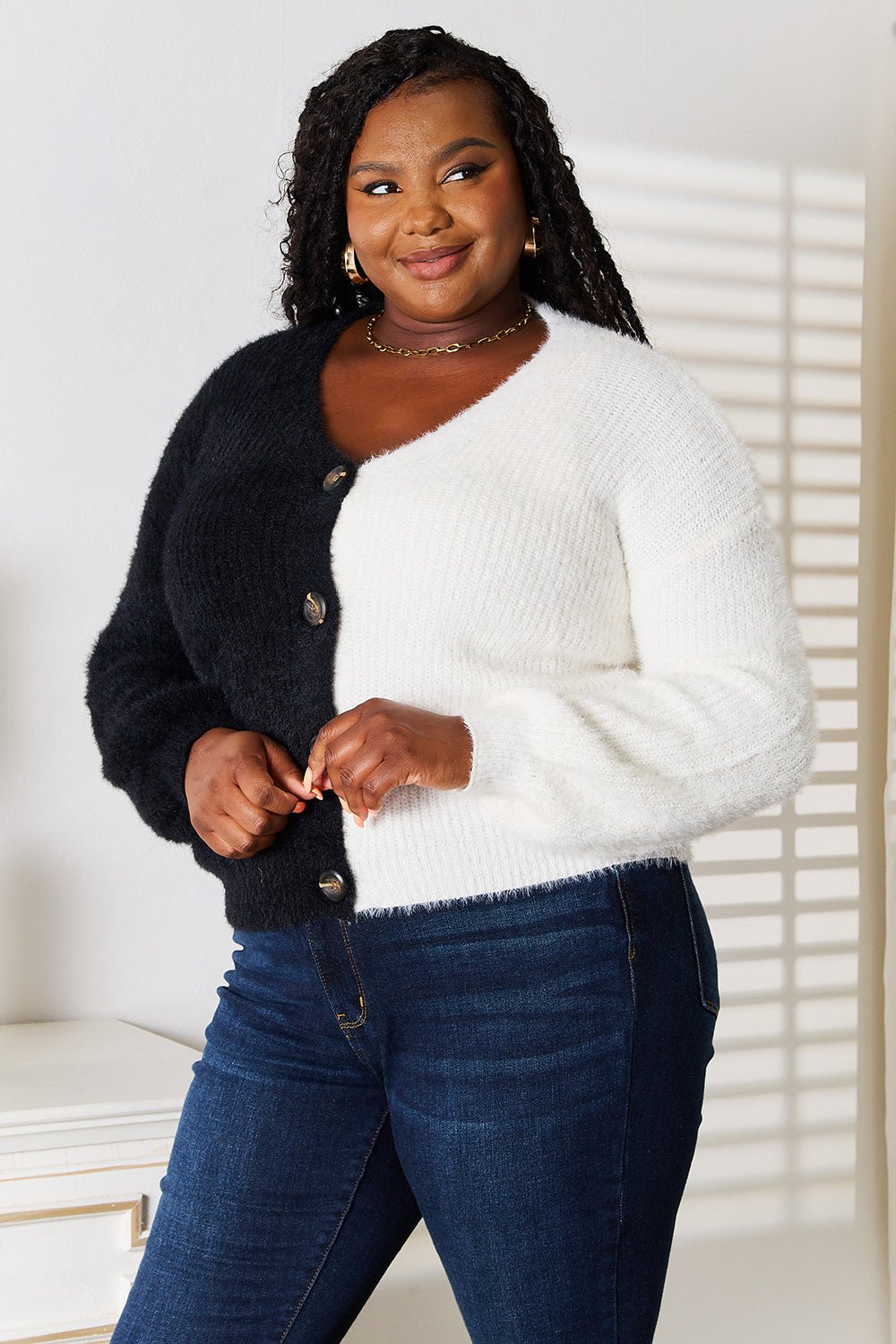 Women's contrast button-front V-neck knit cardigan featuring angel wing woven detail, perfect for chic layering.