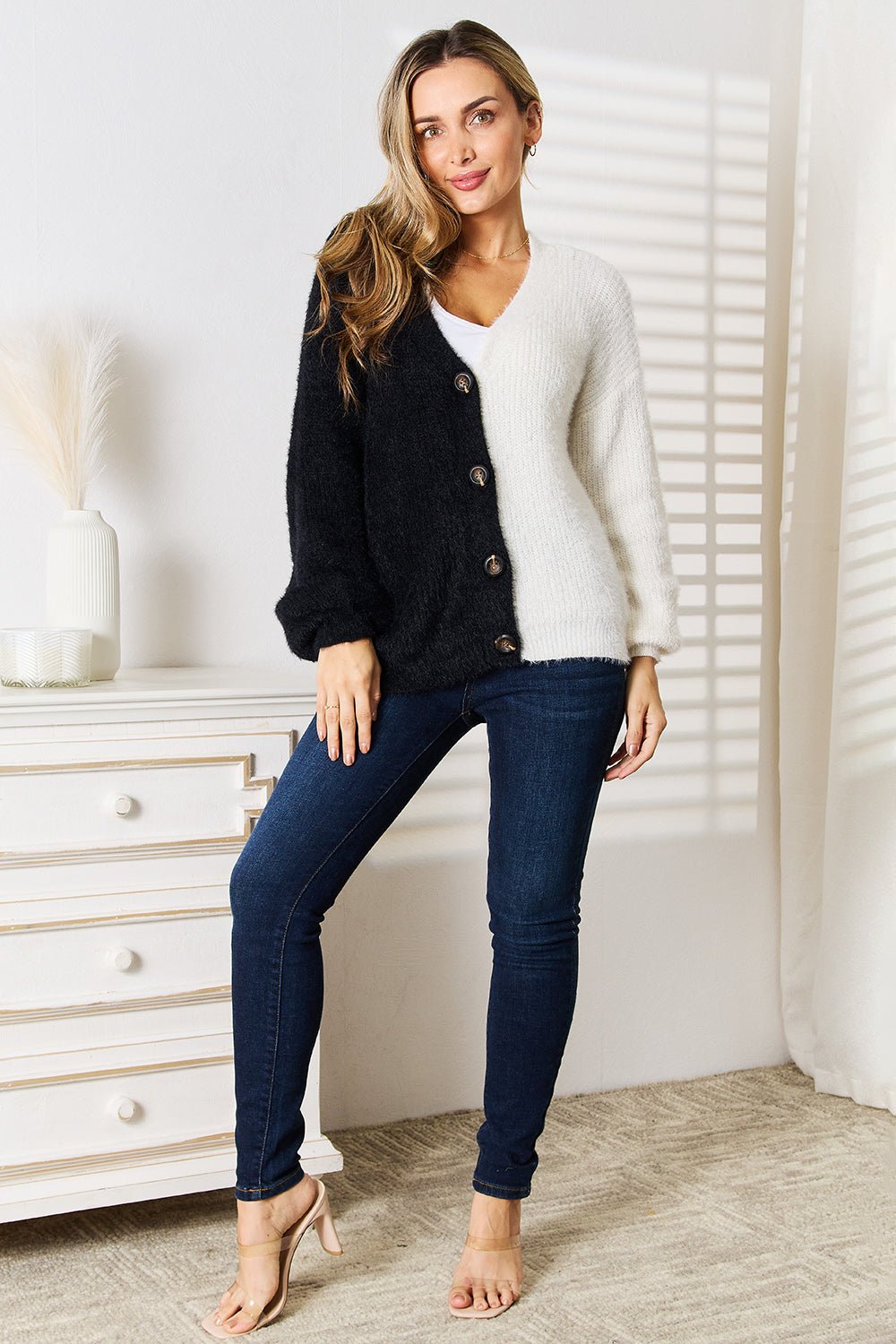 Women's contrast button-front V-neck knit cardigan with angel wing woven details, stylish layering piece by Trendsi.