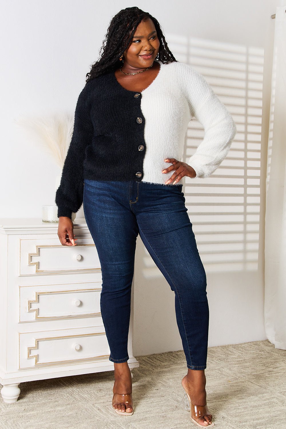 Women's contrast button-front V-neck knit cardigan featuring angel-wing woven details, stylish layering piece by Trendsi.
