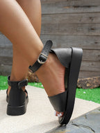Women's ankle strap platform sandals with comfortable PU leather straps and flat sole, stylish and perfect for casual wear.