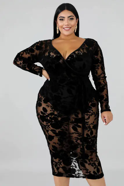 Plus size black lace bodycon dress for women, stylish and fitted, by Trendy Attic Store01.